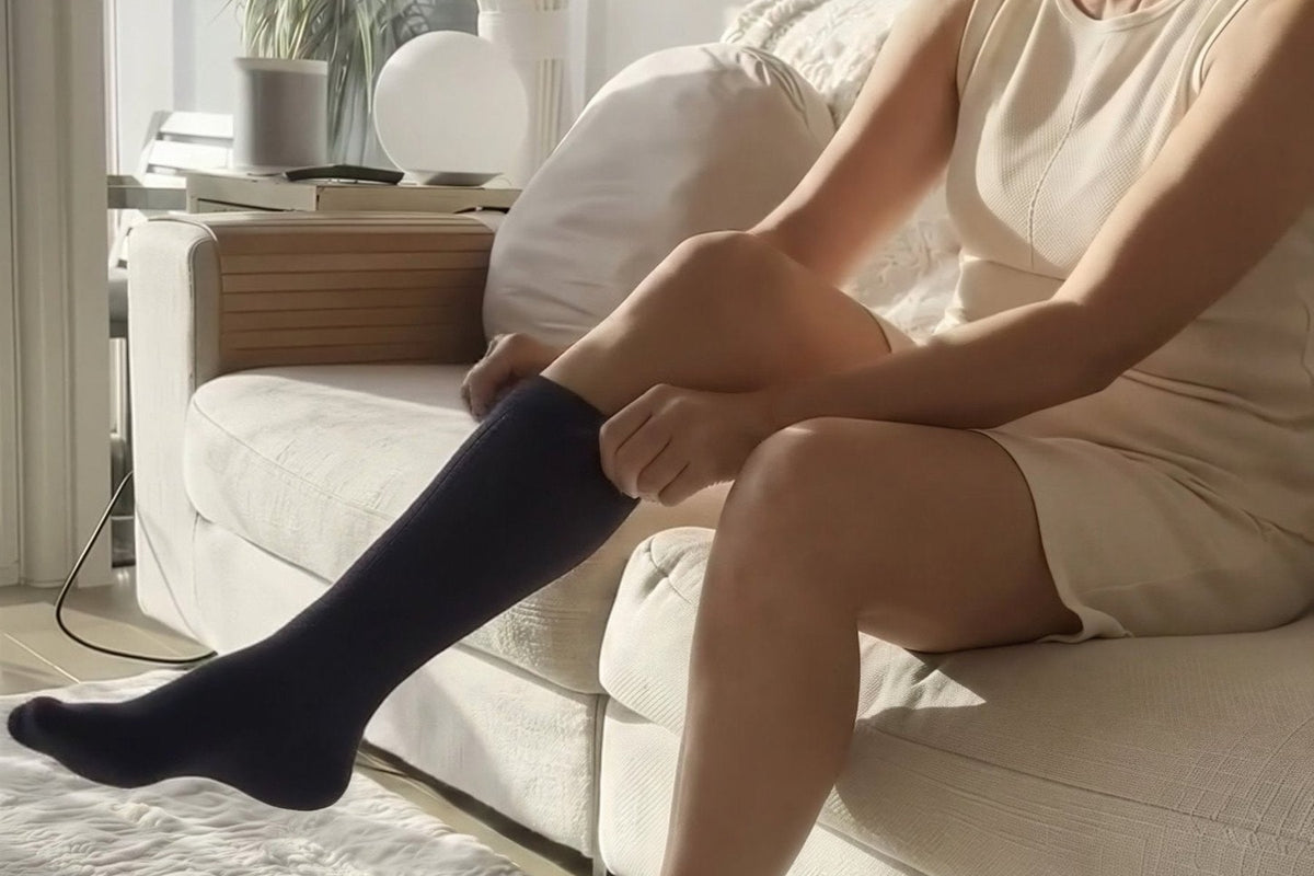 Woman putting on a navy knee-high compression sock while sitting on the sofa