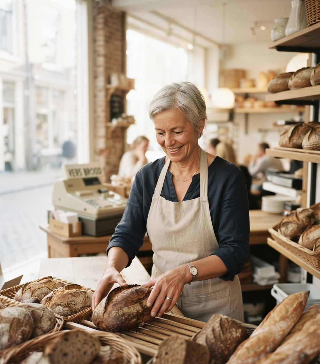 Smiling woman arranging fresh bread behind a bakery counter