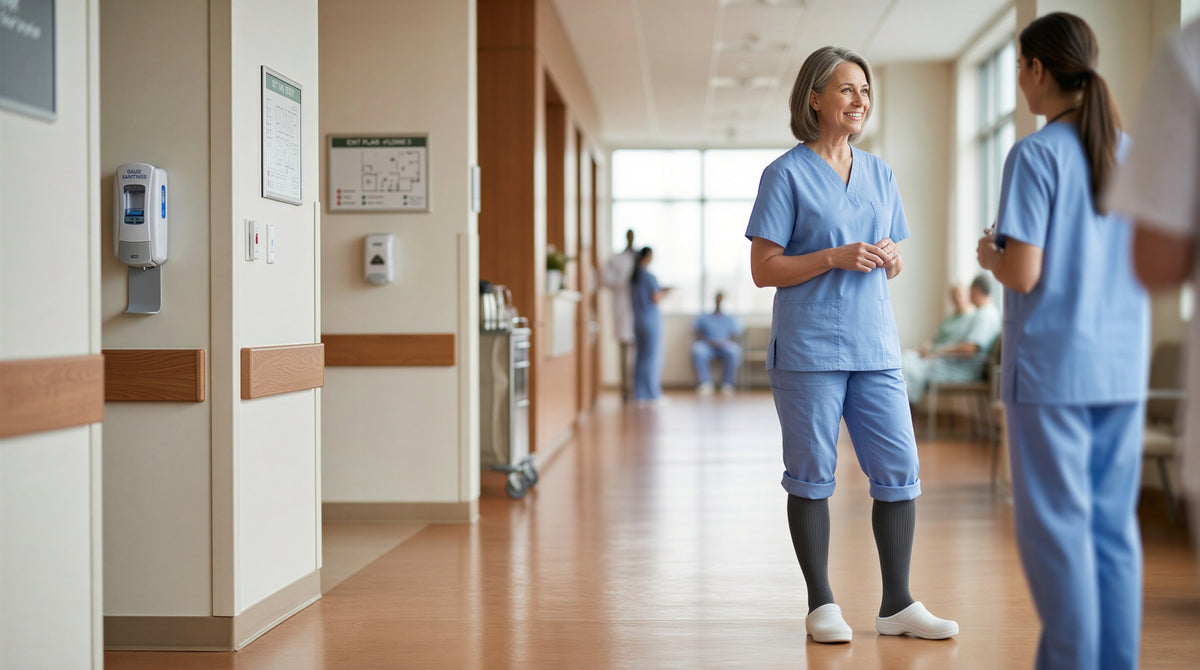 Nurse in a hospital corridor talking with a colleague, wearing grey knee-high compression socks