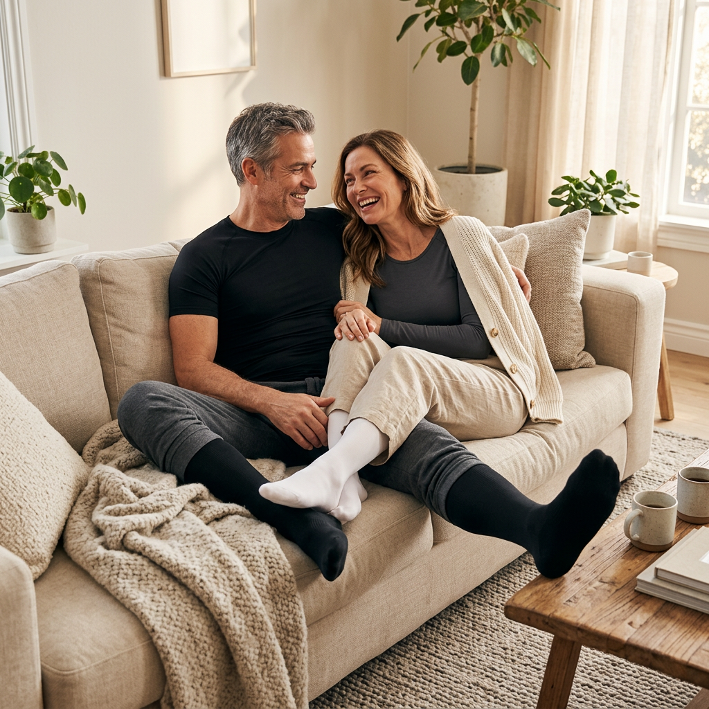 Couple relaxing on a sofa at home wearing Comfort2Prime compression socks