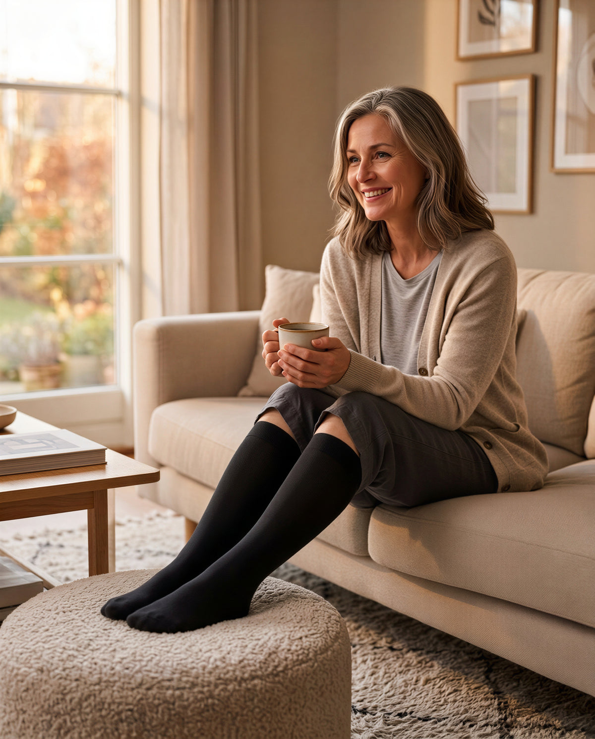 Woman relaxing on the sofa with a cup of tea, feet up in black knee-high compression socks