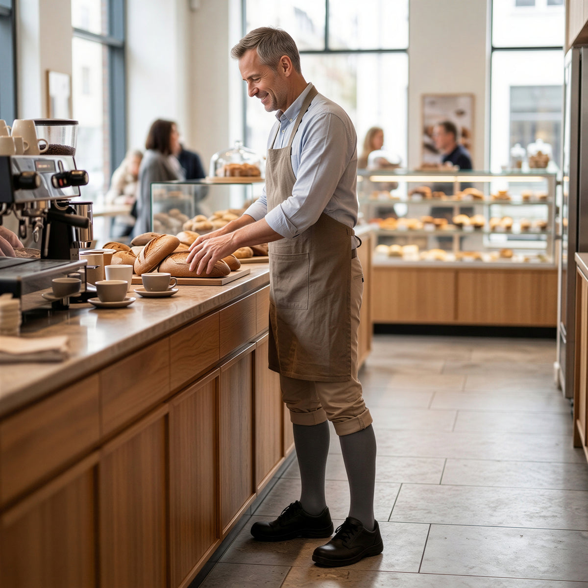 Man working behind a bakery counter, standing on a tiled floor in grey knee-high compression socks