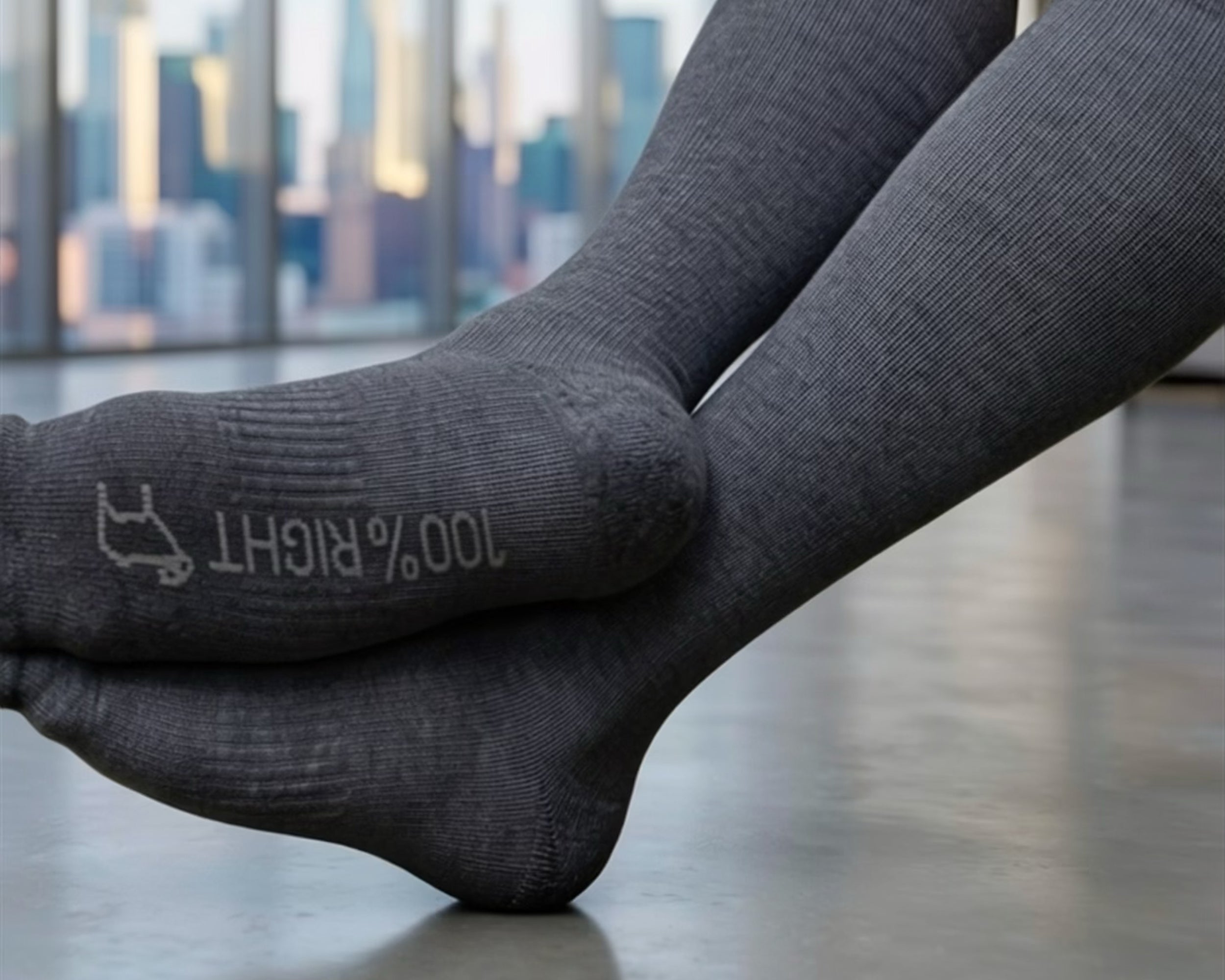 Dark grey merino knee-high compression socks with 100% RIGHT sole print
