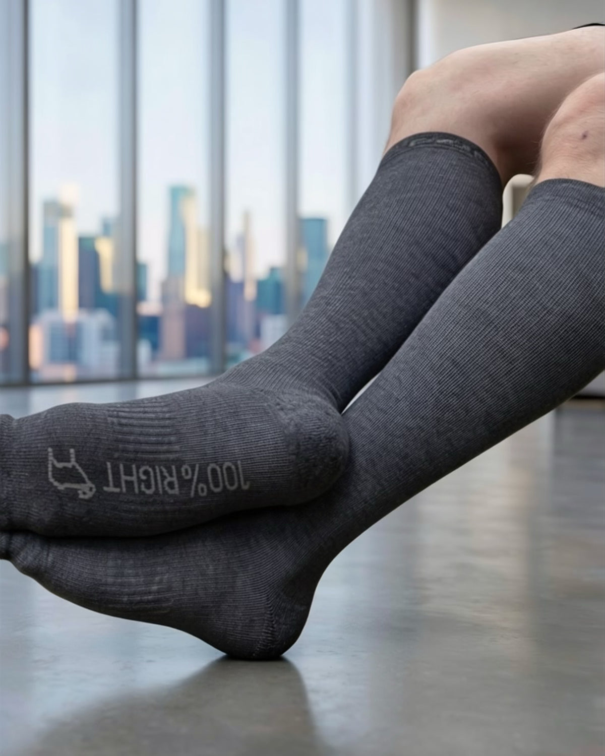 Dark grey merino knee-high compression socks with 100% RIGHT sole print