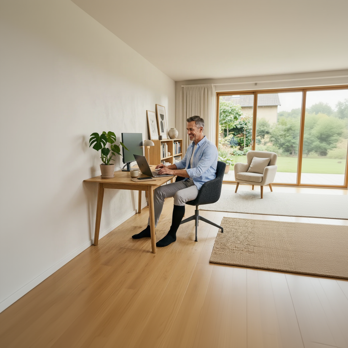 Man at his desk wearing black knee-high compression socks