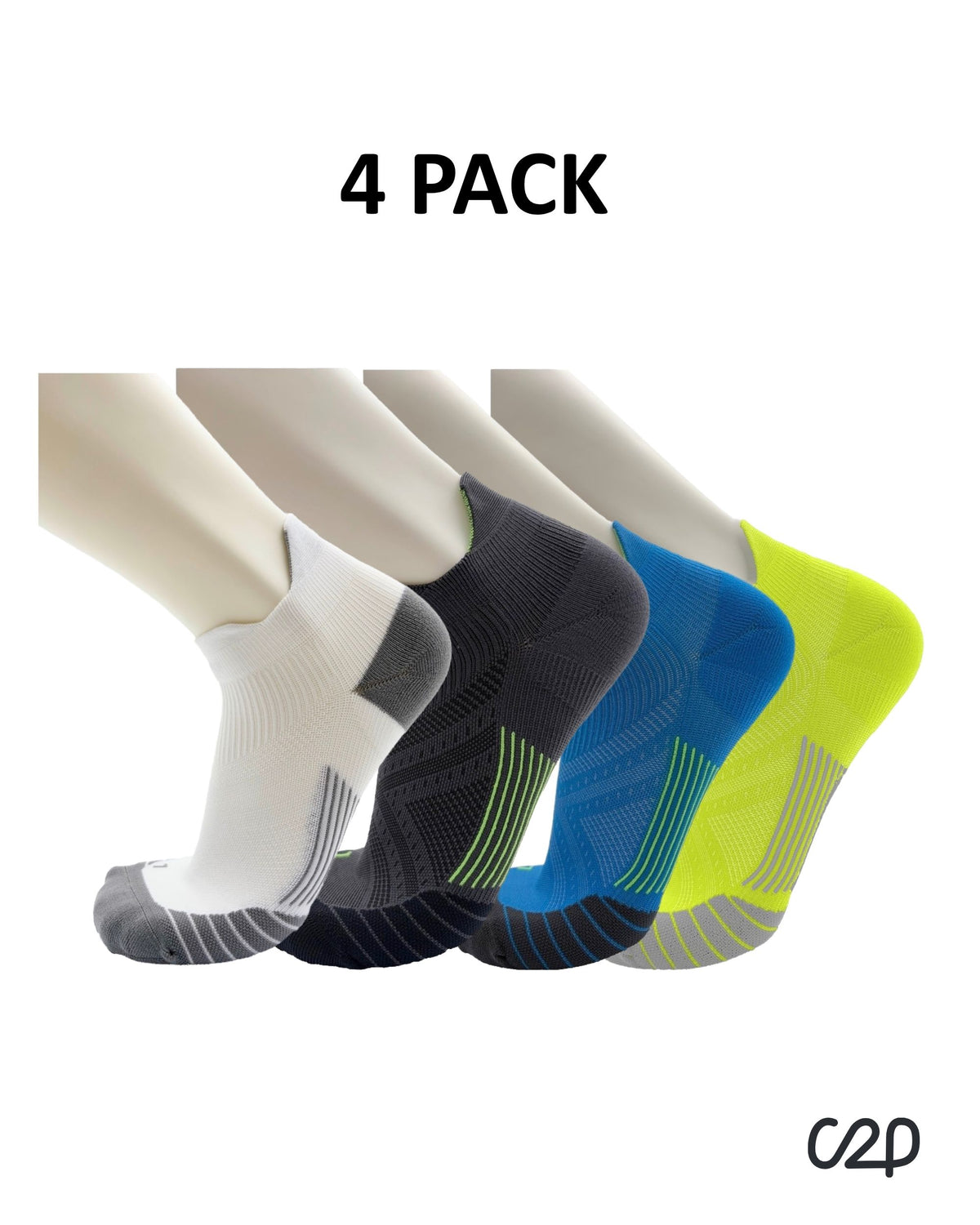 Cushioned sports ankle socks in white, black, blue and yellow – 4-pack