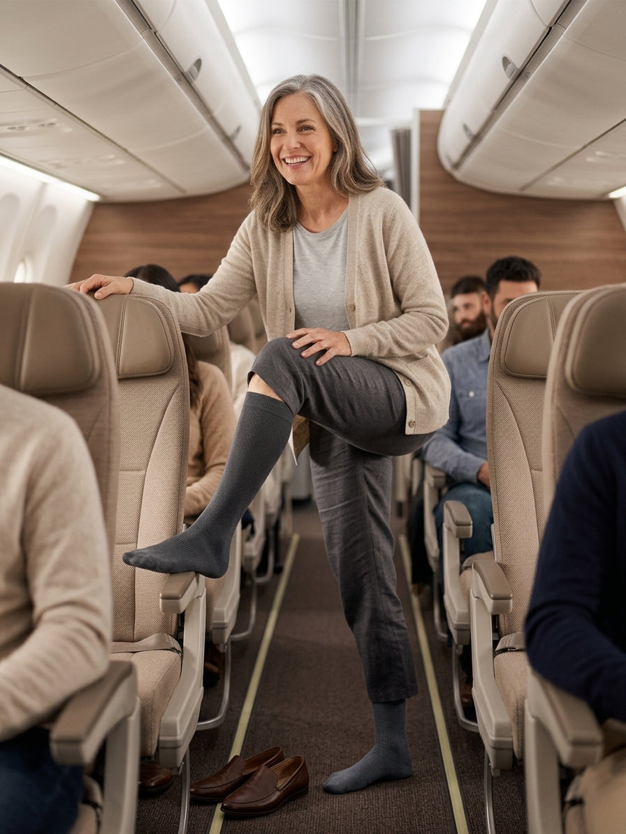 Woman stretching her legs in the aircraft aisle, wearing grey knee-high compression socks