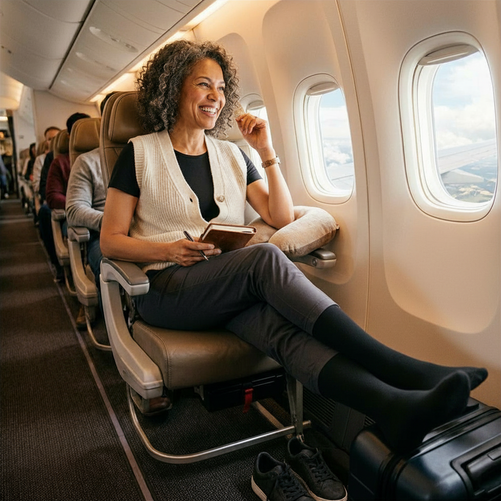 Woman travelling in black compression socks for long flights