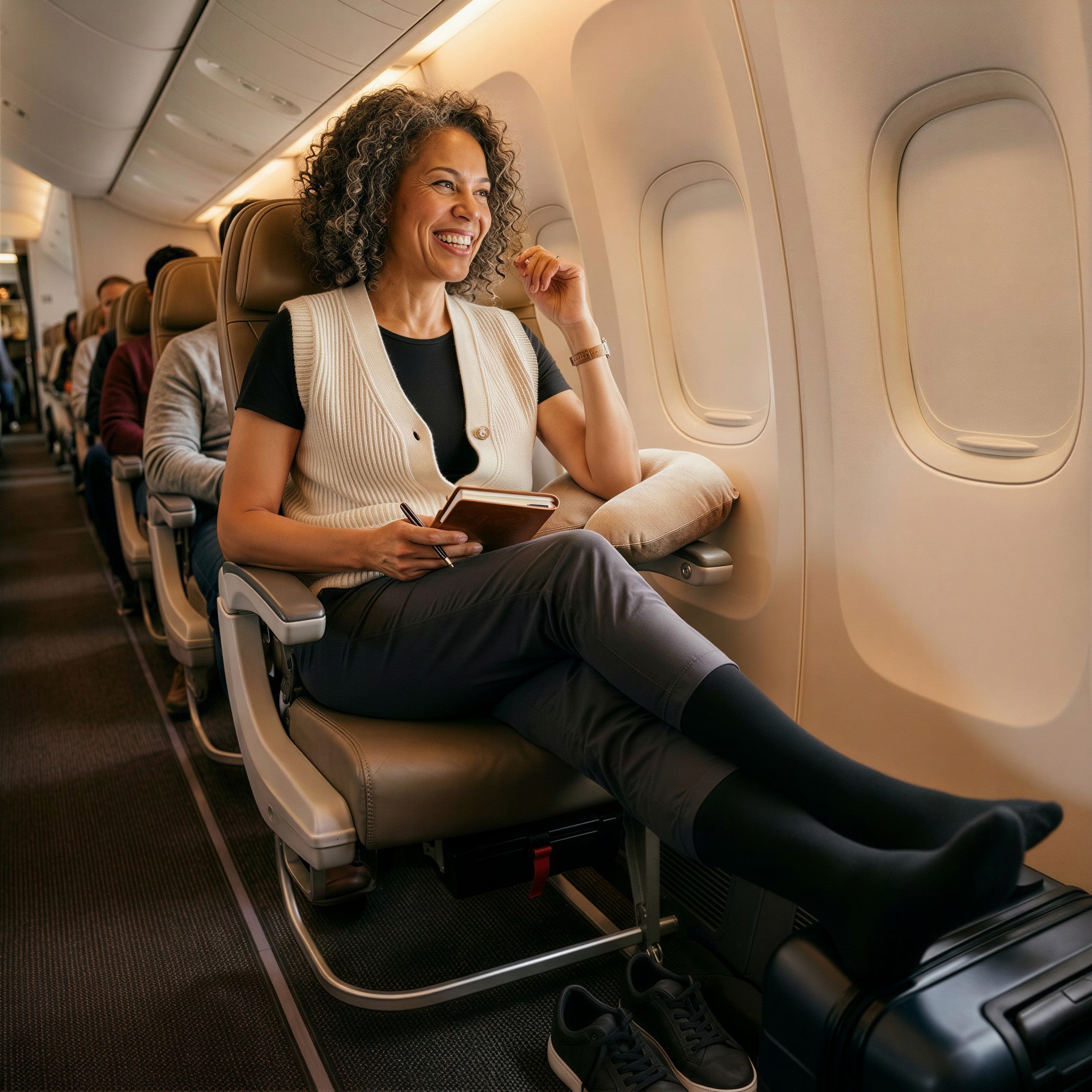 Smiling woman in an aircraft window seat, legs stretched out in black knee-high compression socks